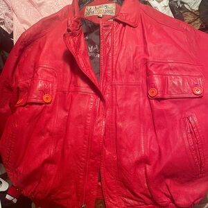 Red Leather Jacket with Button Details